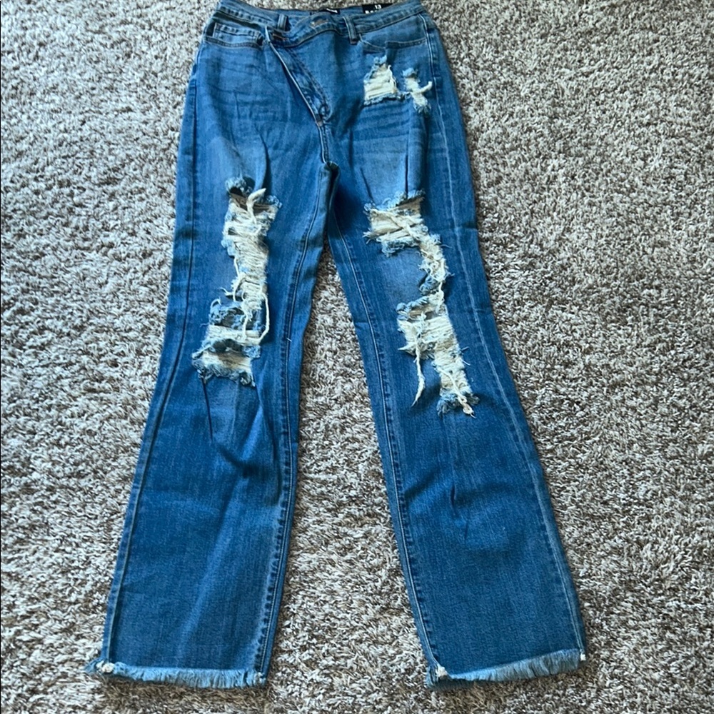 Fashion Nova Blue Flare Jeans with Distressed Details